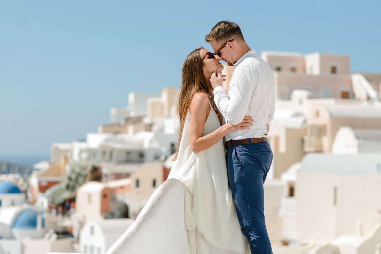 Professional proposal photoshoot at Oia Village