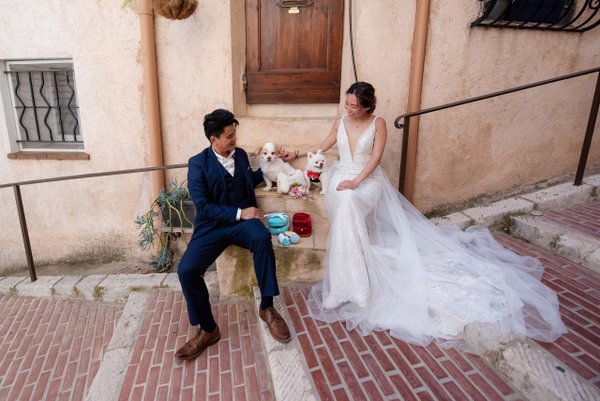 Bride and groom playing with small white dogs on rustic brick steps in old town Cannes