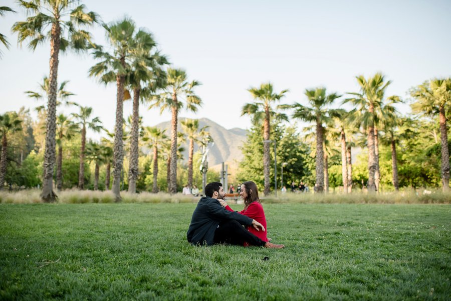 Couple sitting on grass among palm trees with mountains in the background at Parque Bicentenario, Santiago