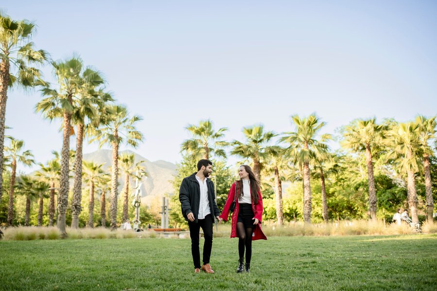 Couple walking hand in hand across a grassy park lined with tall palm trees and mountains beyond in daylight